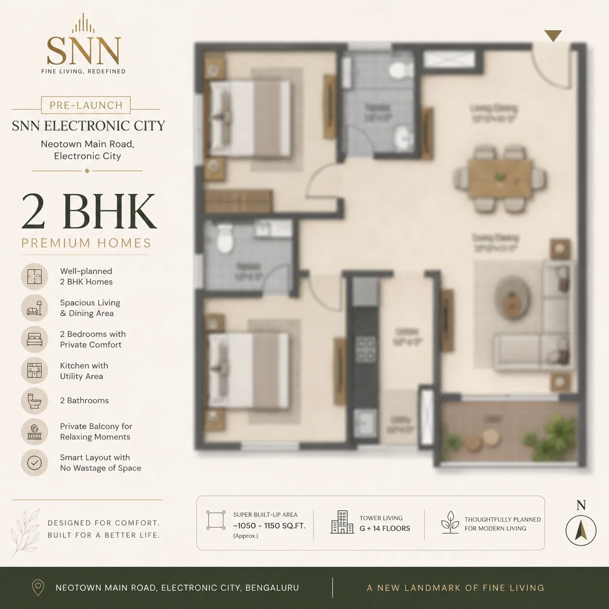 2 BHK floor plan at SNN Electronic City